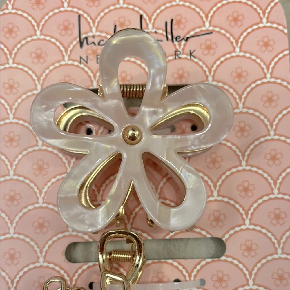 NWT Nicole Miller Floral Pink and Gold flower Hair Clip Trio